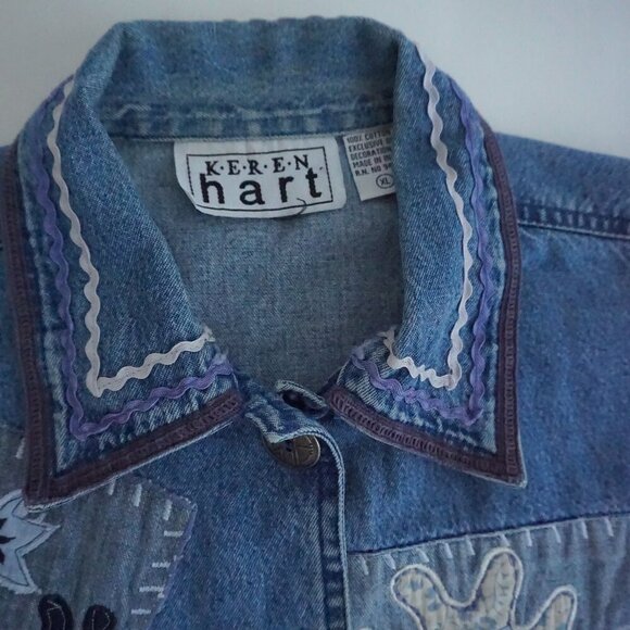 Vintage Keren Hart Blue Patchwork Button Up Lightweight Denim Jacket Xl - Picture 12 of 13